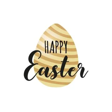 Card with golden striped Easter egg and handwritten inscription Happy Easter. Stock Illustration
