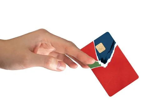 Card in hand. Customer showing plastic bank credit and debit object with chip Stock Photos