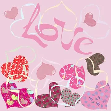 Card with hearts with patchwork style on pink background Illustrazione stock