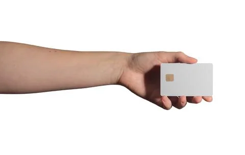 Card held in hand, presenting blank space for promotion. Woman showing plasti Stock Photos