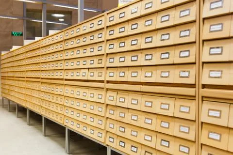 Card index boxes in a library catalog Stock Photos