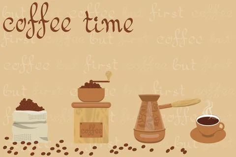 Card with items for coffee - a bag of beans, a coffee grinder, cezve Ilustração Stock