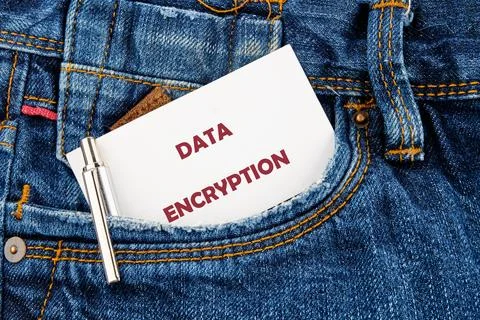 A card labeled data encryption sits securely in the pocket of a pair of blue  Stock Photos