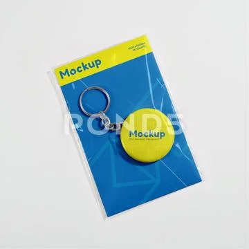 Card mockup with button keychain in a white setting Modello PSD