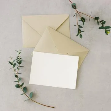 Card mockup inside top view decor and eucalyptus leaves Stock Photos