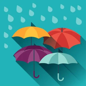 Card with multicolor umbrellas in flat design style Stock Illustration