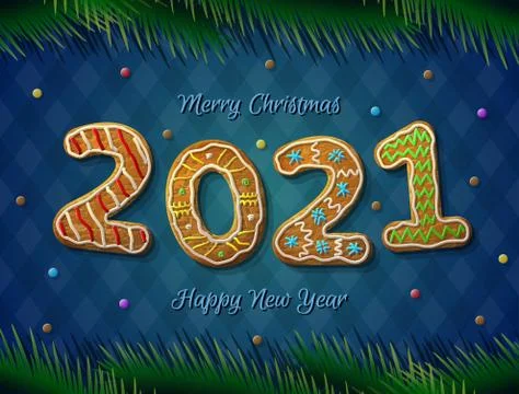 Card of New Year 2021 in shape of gingerbread Stock Illustration