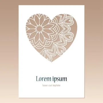 Card with openwork heart with mandala pattern and space for text. Laser cutti Stock Illustration
