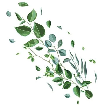 Card or background with branches and green leaves. Spring or summer stylized Stock Illustration