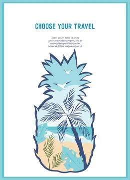 Card or banner with pineapple shape with tropical beach seascape, vector. Stock Illustration