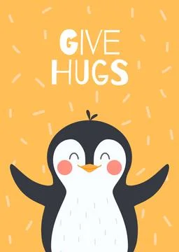 Card or poster layout for winter prints and cards with penguin, flat vector. Stock Illustration