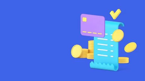 Card payment complete receipt invoice flying golden coin cash money 3d icon.. Stock Illustration