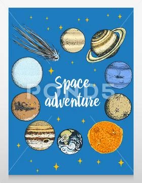 Card planets in solar system and astronaut spaceman. moon and the sun, mercury Stock Illustrationen