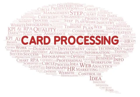 Card Processing typography word cloud create with the text only. Illustrazione stock