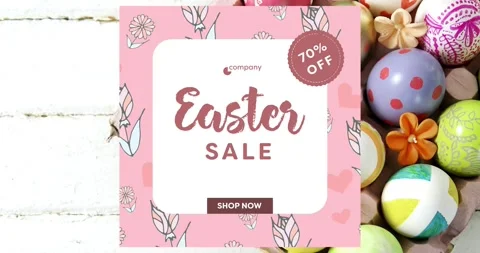 Card remaining static, eggs sliding in top-right, revealing 70% OFF and SHOP NOW Stock Footage 330620178