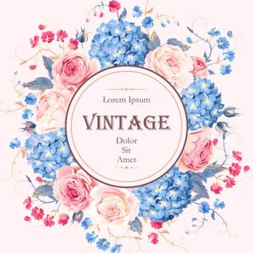 Card with roses and hydrangea Stock Illustration