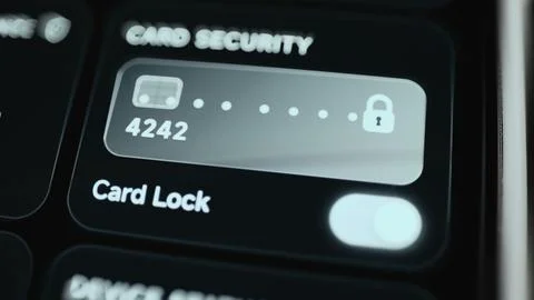Card security panel activates the lock control for a payment card ending 库存照片