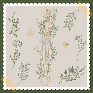 Card with skeleton bones hand with flowers Stock Illustration