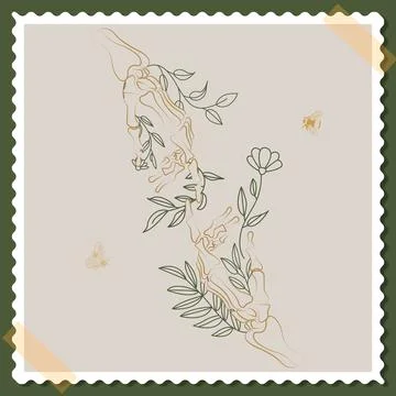 Card with skeleton bones hands with flowers Stock Illustration