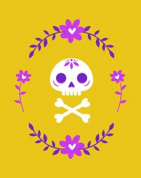 Card with skull and bones surrounded by a wreath of flowers Stock Illustration