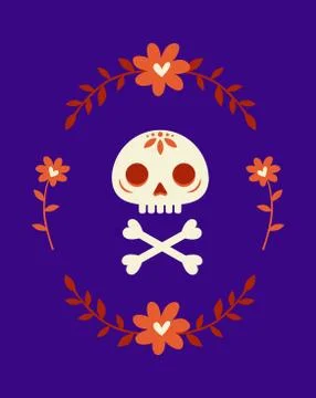 Card with skull and bones surrounded by a wreath of flowers Stock Illustration