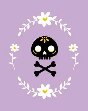 Card with skull and bones surrounded by a wreath of flowers Stock Illustration