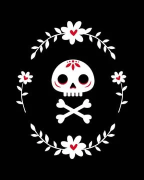 Card with skull and bones surrounded by a wreath of flowers Stock Illustration