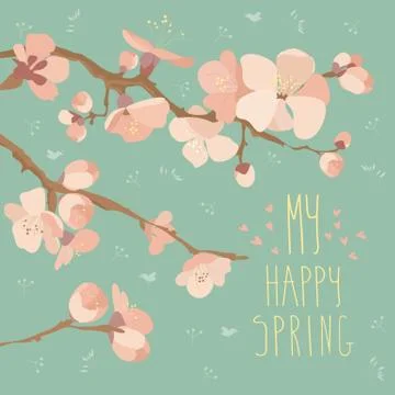 Card with spring flowers on tree branch Stock Illustration