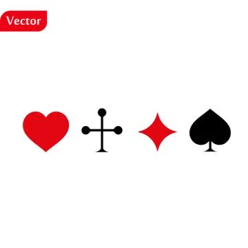 Card suits isolated on white. Vector black and red playing card suits spade,  Stock Illustration