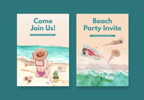 Card template with beach vacation concept design watercolor illustration Stock Illustration
