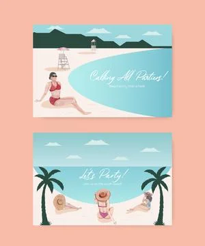 Card template with beach vacation concept design watercolor illustration Stock Illustration