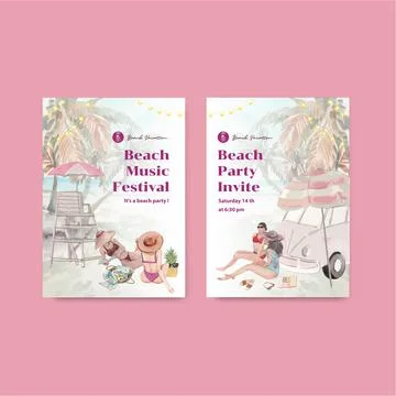 Card template with beach vacation concept design watercolor illustration Stock Illustration
