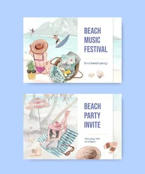Card template with beach vacation concept design watercolor illustration Stock Illustration