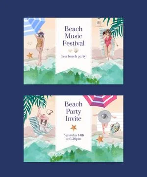Card template with beach vacation concept design watercolor illustration Stock Illustration