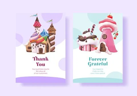 Card template with candy land concept design watercolor illustration Stock Illustration