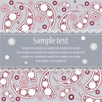 Card template with Paisley pattern in gray and maroon tones, vector Stock Illustration