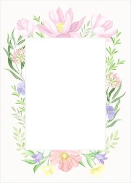 Card template with rectangular floral frame. Wedding invitation, postcard Stock Illustration