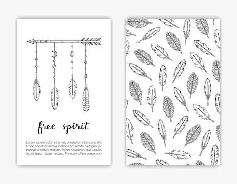 Card templates with boho feathers. Stock Illustration