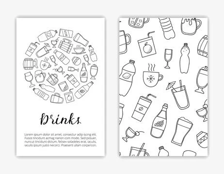 Card templates with doodle drinks. Stock Illustration