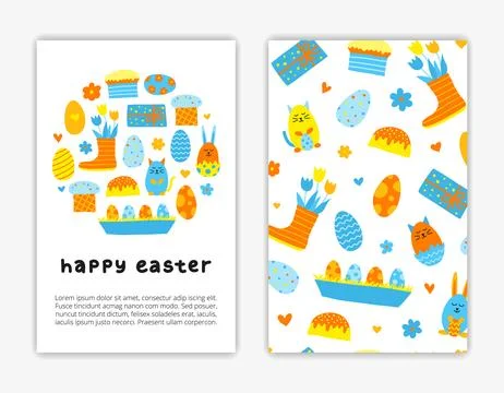 Card templates with doodle Easter icons. Stock Illustration