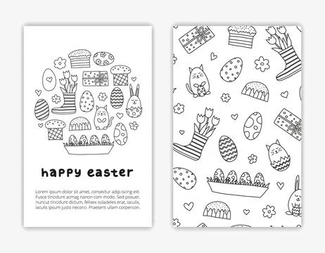 Card templates with doodle Easter icons. Stock Illustration