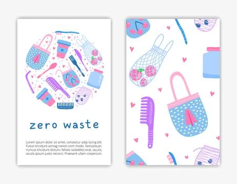 Card templates with doodle zero waste icons. Stock Illustration
