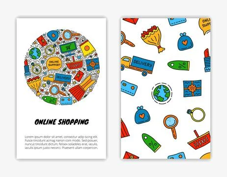 Card templates with e-commerce shopping doodles. Stock Illustration