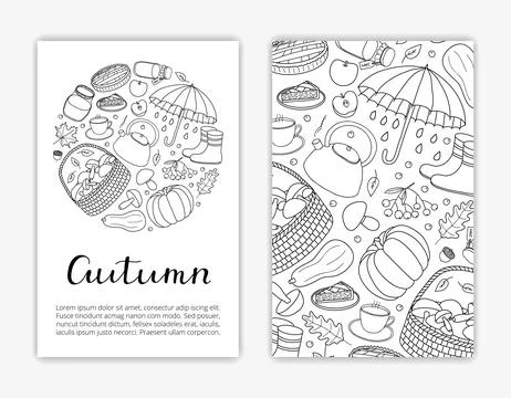Card templates with hand drawn autumn items. Stock Illustration
