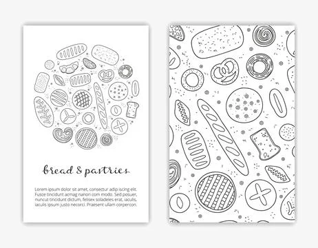Card templates with hand drawn bread and pastries. Illustrazione stock