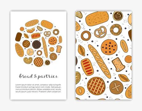 Card templates with hand drawn bread and pastries. Stock-Illustration