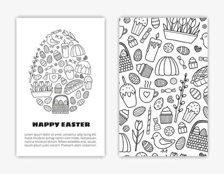 Card templates with hand drawn Easter items. Stock Illustration