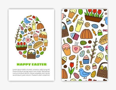 Card templates with hand drawn Easter items. Stock Illustration