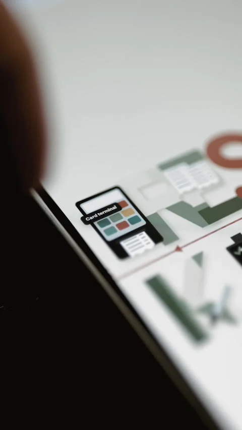 Card terminal icon opens restaurant payment step Stock Footage 346605107