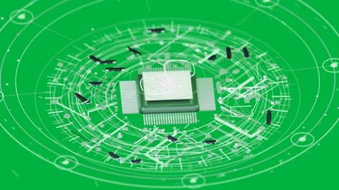 Card turning into chip, emitting rings and traces, forming rotating schematic on Stock-Footage 335780923